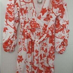 Boohoo Plus Floral Wrap Midi Dress - Red and White